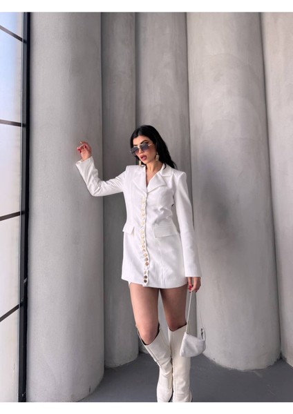 Trend Kadın Gold Çıt Çıt Detaylı Tasarım Uzun Blazer Ceket
