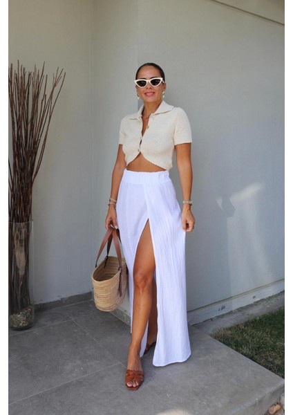 Beyaz Derin Yırtmaç Detay Etek