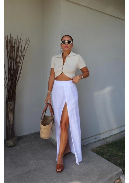 Beyaz Derin Yırtmaç Detay Etek fırsatları