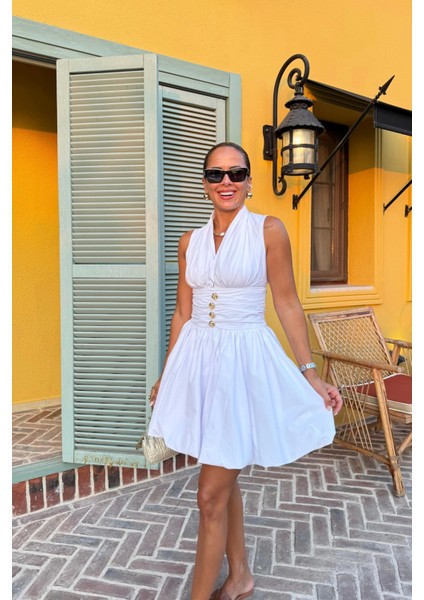 Beyaz Gold Düğme Detay Mini Elbise fiyatları