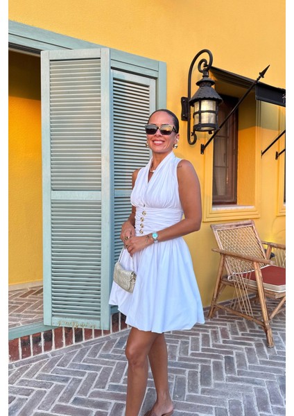 Beyaz Gold Düğme Detay Mini Elbise modelleri