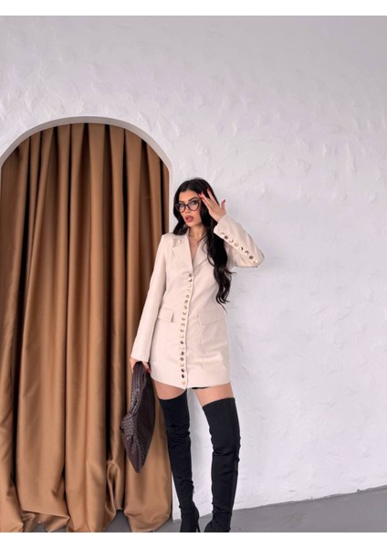 Trend Kadın Gold Çıt Çıt Detaylı Tasarım Uzun Blazer Ceket fırsatları