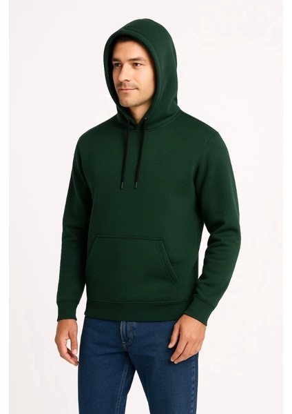 Erkek Üç Iplik Kapüşonlu Kanguru Cepli Sweatshirt Hoodie - Haki modelleri