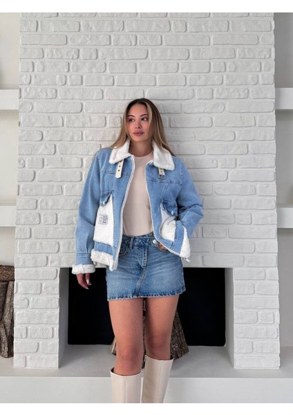 Kadın Kemer Detaylı Kürklü Kot Mont