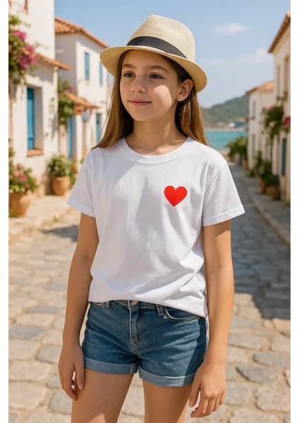 Kız Çocuk Kalpli Tişört Yumuşacık Pamuk Şık ve Konforlu 6-15 Yaş