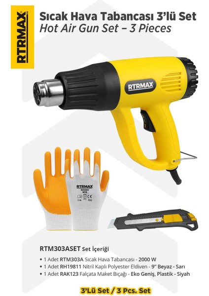 RTM303ASET Sıcak Hava Tabancası 2000 W 3'lü Set - Eldiven-Falçata Maket Bıçağı