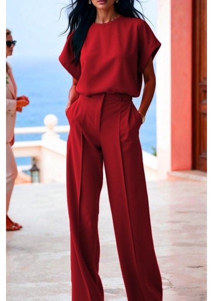 Kadın Kısa Kollu Bisiklet Yaka Bluz Yüksek Bel Cep Detaylı Pantolon Atlas Ikili Takım modelleri