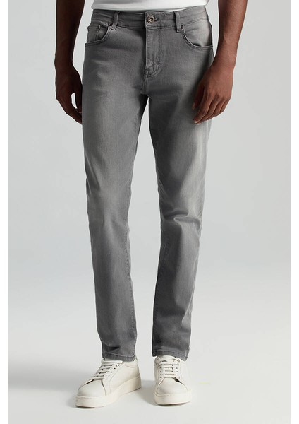 Saf Pamuk Slim Fit Gri Denim Pantolon