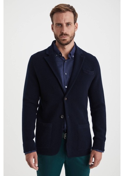 Çizgi Desenli Saf Kaşmir Lacivert Triko Ceket