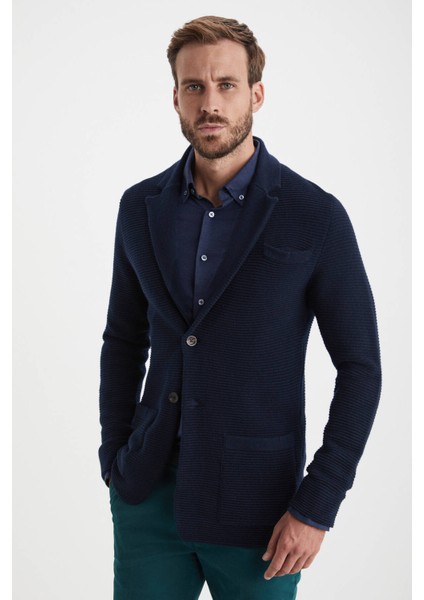 Çizgi Desenli Saf Kaşmir Lacivert Triko Ceket fırsatları