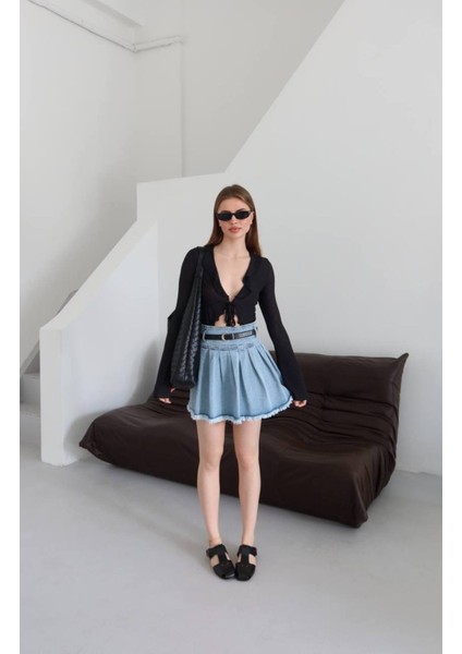 Kadın Kemerli Pileli Denim Etek
