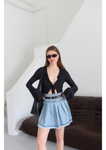 Kadın Kemerli Pileli Denim Etek fiyatları