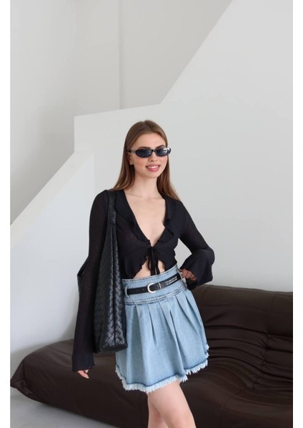 Kadın Kemerli Pileli Denim Etek modelleri