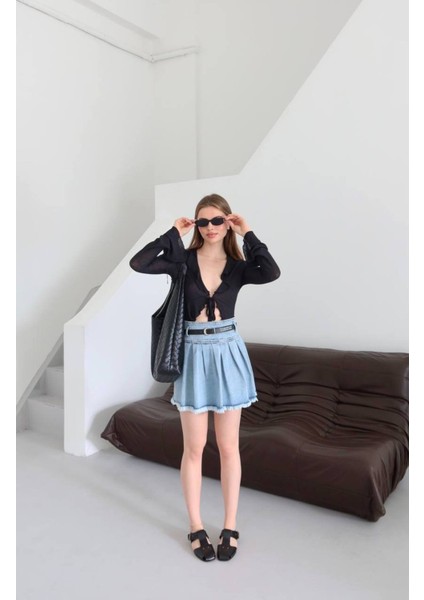 Kadın Kemerli Pileli Denim Etek indirimleri