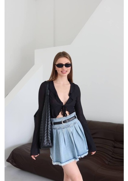 Kadın Kemerli Pileli Denim Etek