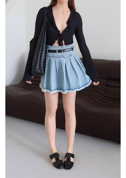 Kadın Kemerli Pileli Denim Etek