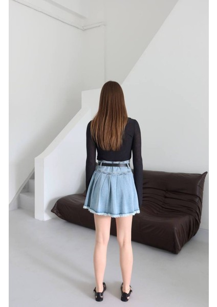 Kadın Kemerli Pileli Denim Etek