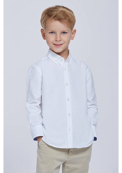 Düğmeli Yaka Beyaz Saf Pamuk Çocuk Gömlek