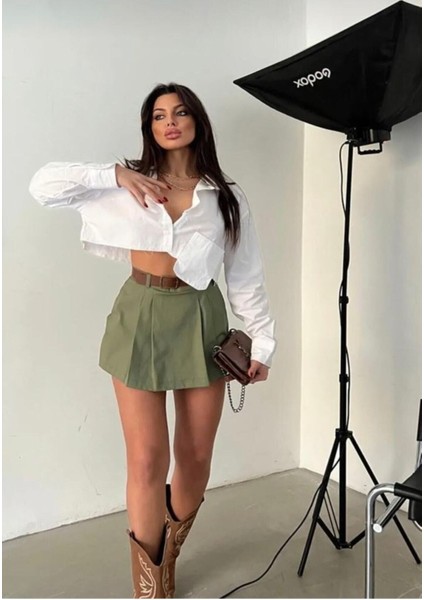Kadın Piliseli Kemerli Mini Şortlu Etek