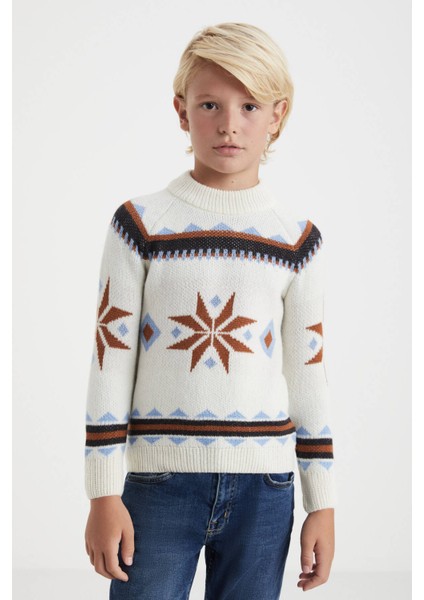 Kaşmir Yün Karışımlı Yarım Balıkçı Ekru Çocuk Kazak