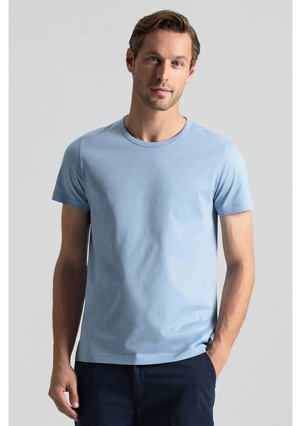 Açık Mavi Bisiklet Yaka Basic T-Shirt