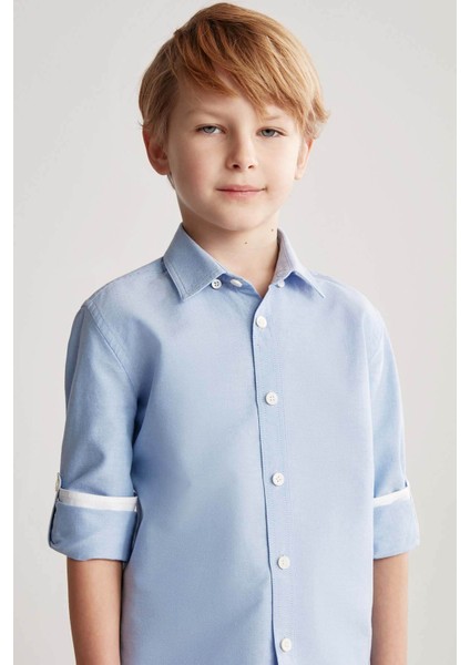 Düğmeli Yaka Mavi Saf Pamuk Çocuk Gömlek