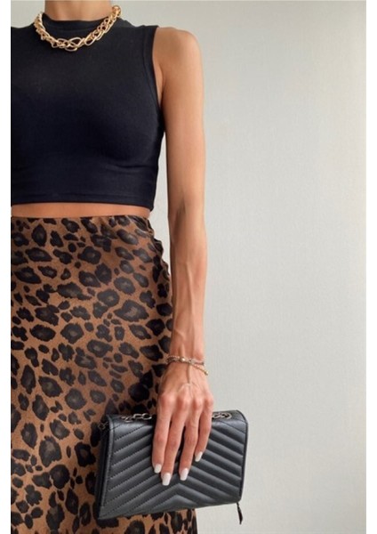 Leopar Desen Saten Midi Boy Kahverengi Etek fırsatları
