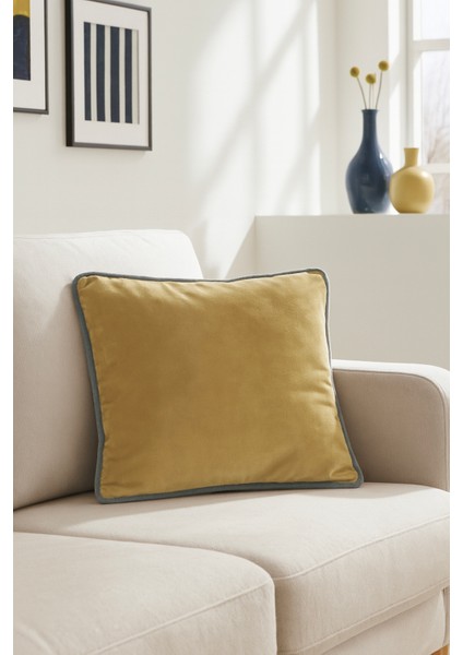 Biyeli Kadife Kırlent Kılıfı Gold Lacivert 50X50