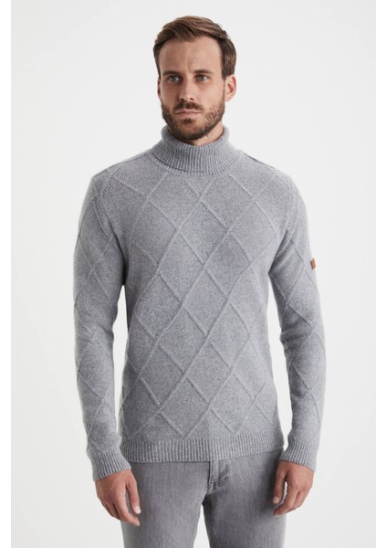 Baklava Desenli Boğazlı Gri Kaşmir Yün Kazak