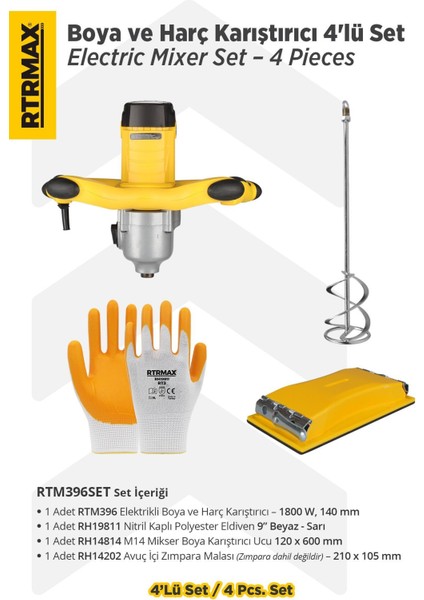 RTM396SET Elektrikli Boya ve Harç Karıştırıcı 4'lü Set -Eldiven-Boya Karıştırıcı Ucu-Zımpara Malası