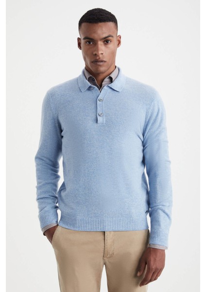 Polo Yaka Gök Mavisi Saf Kaşmir Kazak