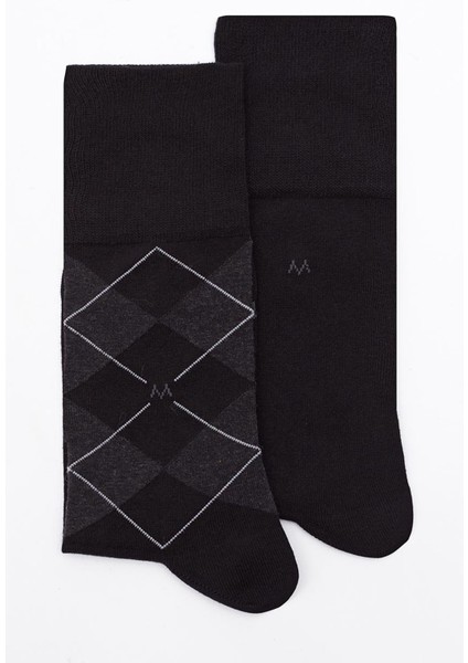 Baklava Desenli Siyah Pamuk Ikili Çorap Seti