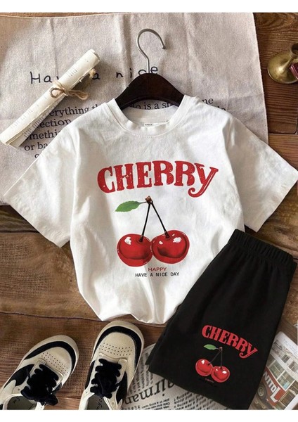 Kız Çocuk Cherry Baskılı Beyaz Tişört ve Siyah Şort Takım