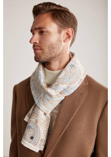 Desenli Merino Yün Ekru Atkı