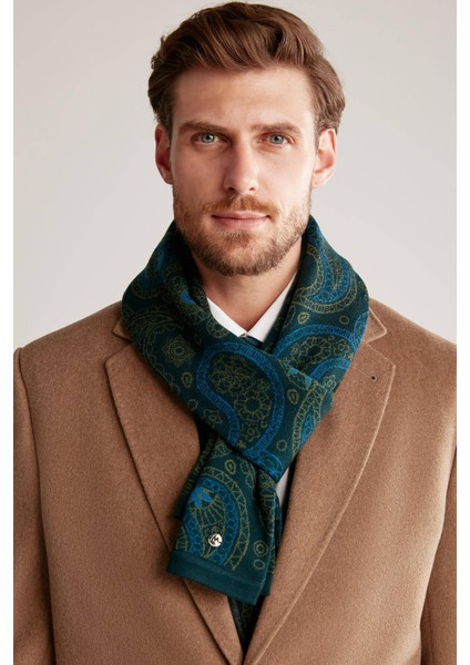 Desenli Merino Yün Koyu Yeşil Atkı