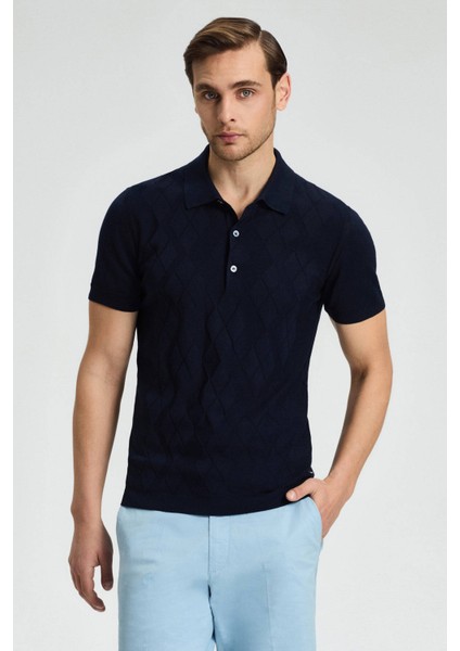 Baklava Desenli Giza Pamuk Lacivert Triko Polo fırsatları