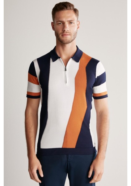 Fermuar Detaylı Lacivert Giza Pamuk Triko Polo