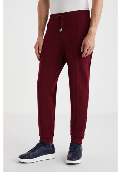Bordo Merino Yün Activewear Triko Pantolon