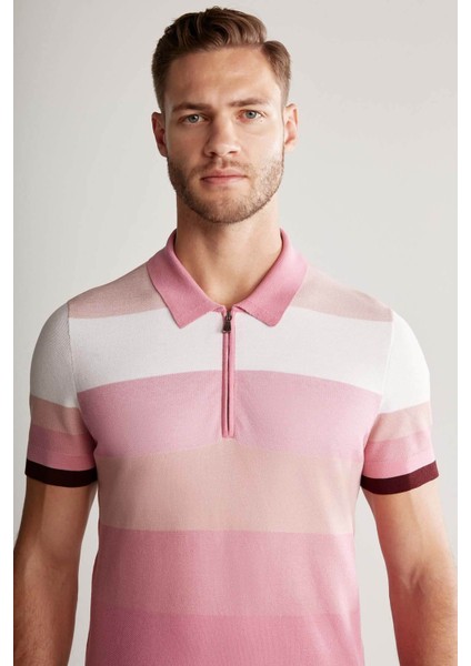 Pembe Çizgili Fermuarlı Yaka Giza Pamuk Triko Polo