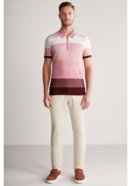 Pembe Çizgili Fermuarlı Yaka Giza Pamuk Triko Polo fiyatları