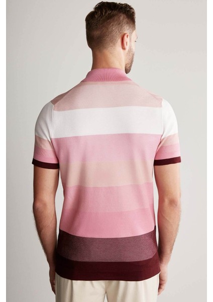 Pembe Çizgili Fermuarlı Yaka Giza Pamuk Triko Polo fırsatları