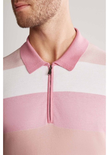 Pembe Çizgili Fermuarlı Yaka Giza Pamuk Triko Polo indirimleri