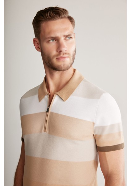 Kahverengi Çizgili Fermuarlı Yaka Merserize Pamuk Triko Polo