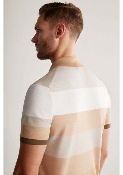 Kahverengi Çizgili Fermuarlı Yaka Merserize Pamuk Triko Polo fırsatları