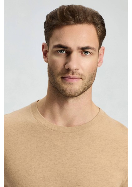 Kaşmir Karışım Bisiklet Yaka Camel T-Shirt modelleri