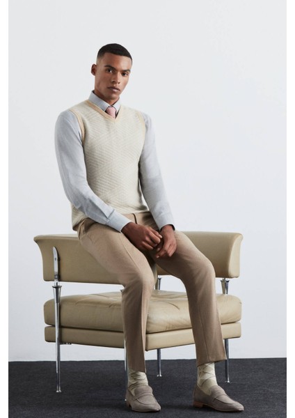 Çizgi Desenli Camel Lambswool Yün Triko Süveter