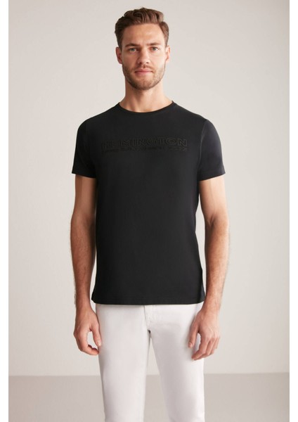 Kabartma Baskılı Siyah Pima Pamuk T-Shirt