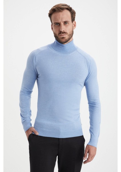 Gök Mavisi Boğazlı Slim Fit Merino Yün Triko