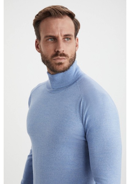 Gök Mavisi Boğazlı Slim Fit Merino Yün Triko indirimleri
