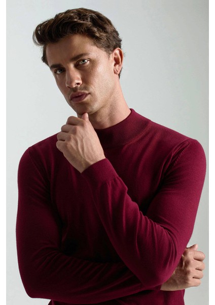 Yarım Balıkçı Yaka Merino Yün Bordo Triko